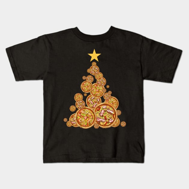 Pizza Christmas Tree, Funny Pizza Lover Christmas Dinner Kids T-Shirt by PugSwagClothing